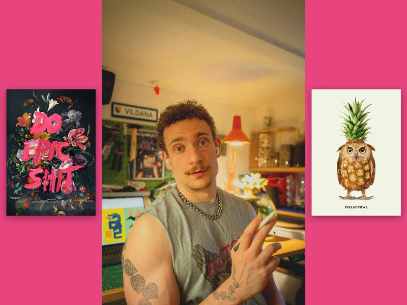 Artist Jonas Loose in his Hamburg studio, between his prints Do Epic Shit and Pineappowl