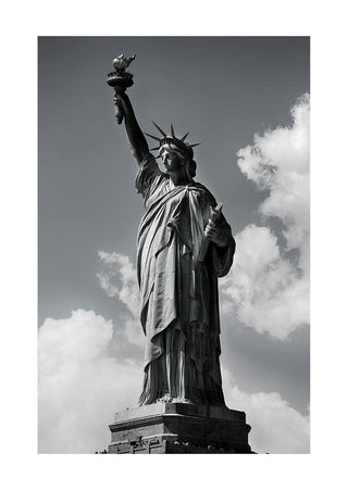 Black and white poster of the Statue of Liberty with a cloudy sky in the background.