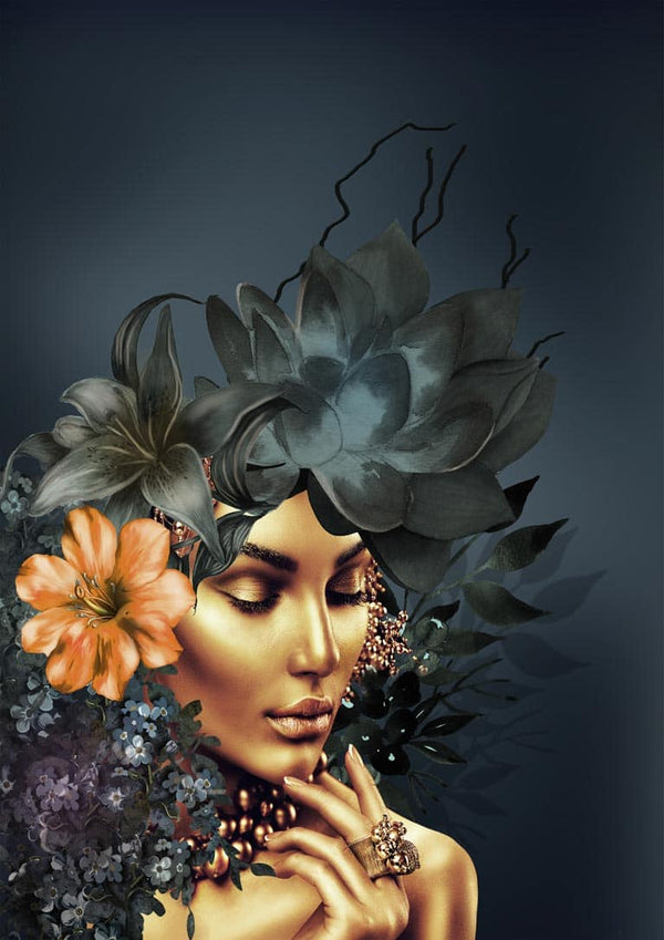 Elegant woman with golden skin and jewelry, adorned with large flowers in her hair. Golden fashion 3 poster.