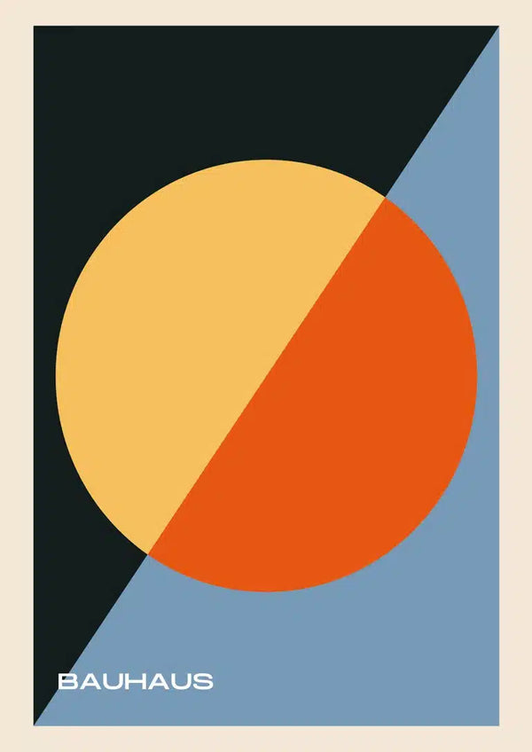 Bauhaus art poster with intersecting orange and yellow circles over black and blue geometric background.