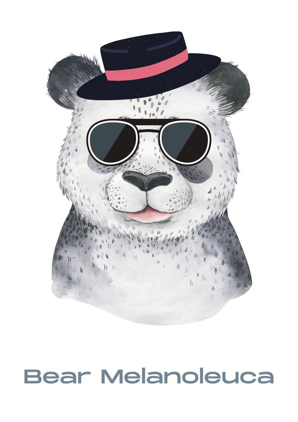 Cool panda poster for kids featuring a panda with sunglasses and a hat, text reads "Bear Melanoleuca".