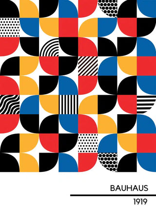 Geometric Bauhaus poster with bold red, blue, yellow, and black shapes and patterns, labeled "Bauhaus 1919".