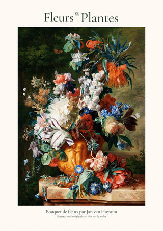 Colorful bouquet of flowers in a vase, detailed still life by Jan van Huysum displayed on a product page.