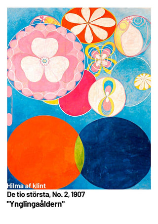 Abstract painting of colorful circles and floral shapes, featured on a Hilma af Klint poster product page.