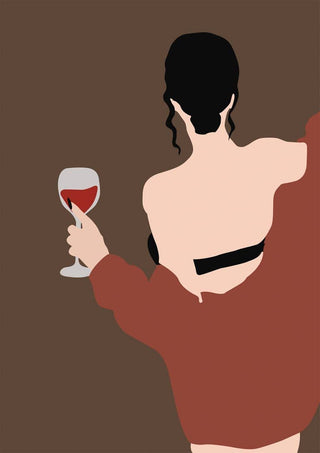 Minimalist illustration of a woman holding a glass of red wine, wearing a brown jacket and black bra.