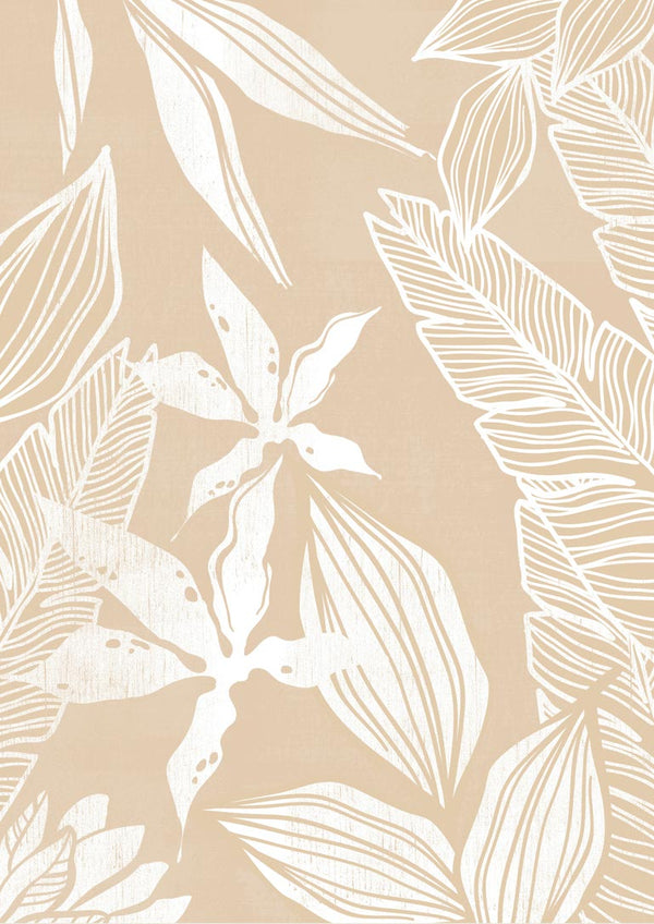 Abstract illustration of white leaves on a beige background, featured in the White Leaves Plakat product.