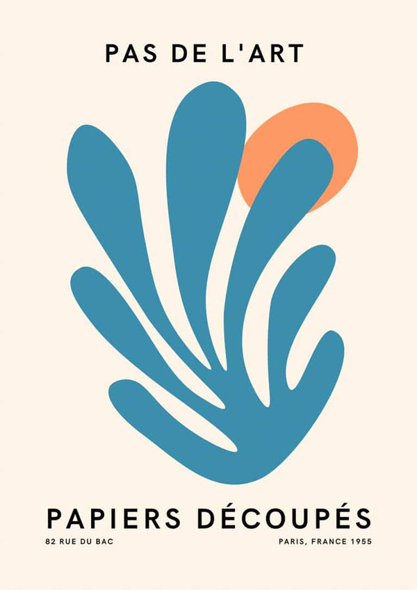 Abstract blue and orange art print with leaf-like shapes, text reading "Pas De L'art Papiers Découpés" on product page.