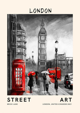 Illustration of London street with Big Ben, red bus, phone booth, and people with umbrellas; Street Art poster.