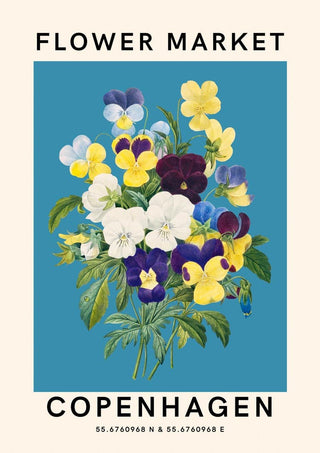 Illustration of colorful pansies with green leaves on a blue background, labeled "Flower Market Copenhagen".