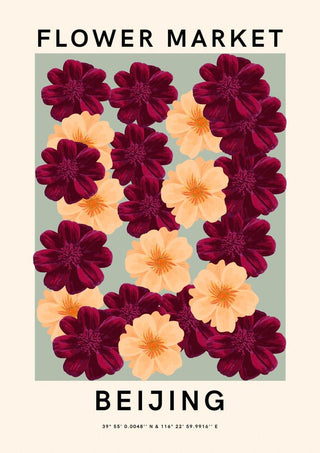Poster with maroon and yellow flowers, labeled "Flower Market Beijing" in bold black text.