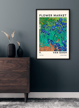 Van Gogh Flower Market No. 1 poster featuring vibrant irises, displayed in a modern room above a wooden dresser.