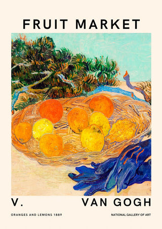 A Van Gogh-style painting of oranges and lemons in a basket, labeled "Fruit Market" on a product page.