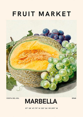 Illustration of melon, green and purple grapes on a poster with the text "Fruit Market Marbella Costa del Sol Spain".