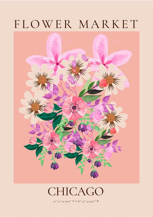 Bouquet of pink and white flowers with green leaves on a peach background, labeled Flower Market Chicago.