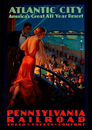 Vintage poster of Atlantic City with a woman in a red dress overlooking a busy boardwalk, promoting Pennsylvania Railroad.