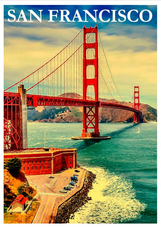 Vintage-style poster of the Golden Gate Bridge in San Francisco with bold text at the top.