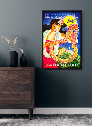 Vintage Hawaii poster with woman holding lei, tropical background, and "United Air Lines" text on wall display.