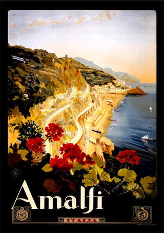 Vintage Amalfi coast poster with scenic coastline, flowers in foreground, and "Amalfi Italia" text at the bottom.