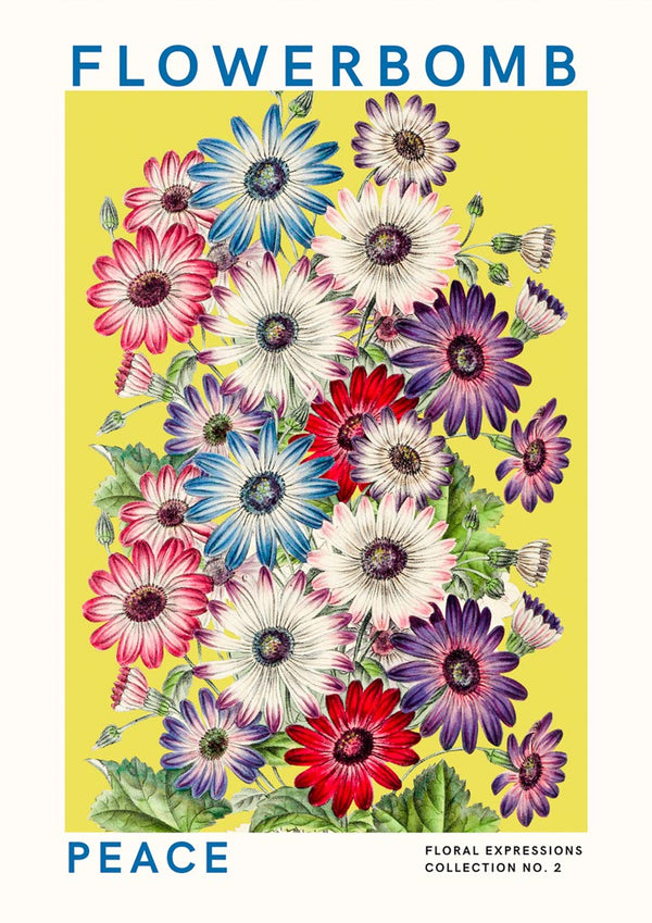 Poster of colorful daisy-like flowers on a yellow background with the text "Flowerbomb Peace" at the top and bottom.