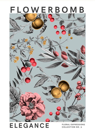 A stylish poster featuring pink flowers, gold accents, and leafy branches with the text "Flowerbomb Elegance."