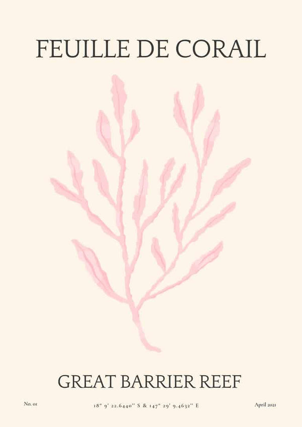 Minimalist art poster of pink coral leaf with the text "FEUILLE DE CORAIL" and "GREAT BARRIER REEF."