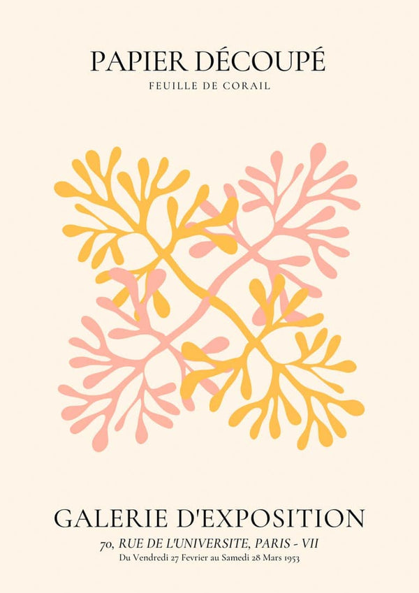 Colorful abstract coral-like flower design with "Papier Découpé" text on a beige background.