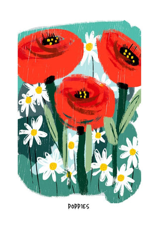 Illustration of bright red poppies and white daisies on a green background, labeled "Poppies" at the bottom.