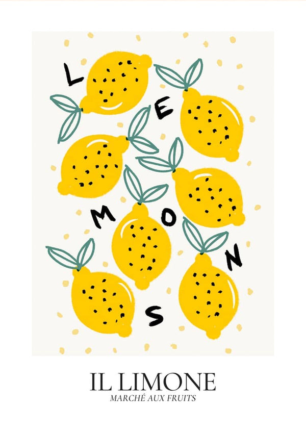Illustrated lemons with green leaves and scattered letters spelling "LEMONS", labeled "IL LIMONE" at the bottom.