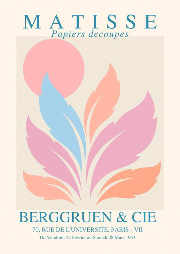 Abstract pink sun and pastel leaf shapes inspired by Matisse, with French text on a light beige background.