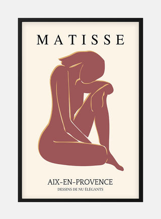 Minimalist red cutout of a seated figure inspired by Matisse, with text reading "Aix-en-Provence" and "Dessins de Nu Élégants."