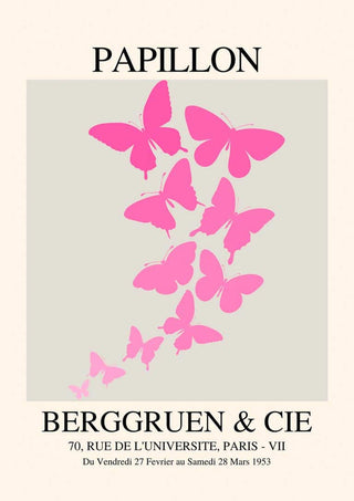 Poster with pink butterflies and the text "PAPILLON BERGGRUEN & CIE" in a vintage French style.