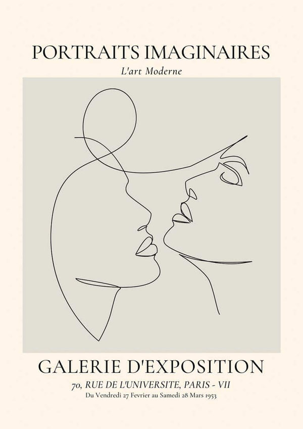Minimalist line drawing of two abstract faces about to kiss, featured on the Portraits Imaginaires Kiss No. 2 Plakat.