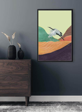 Framed Japanese landscape No. 01 Plakat featuring a crane and abstract colorful hills, displayed on a dark wall.