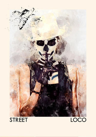 Watercolor-style poster of a person in skeleton makeup and white hat, with "Street Loco" text at the bottom.