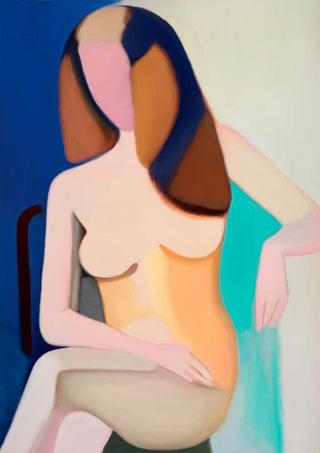 Abstract painting of a seated nude female model with simplified, geometric shapes and soft earthy colors.
