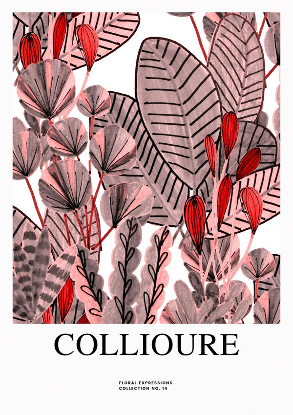 Art print of abstract red and pink flowers with leaves, titled "Collioure," featured on a Flowers at Collioure product page.