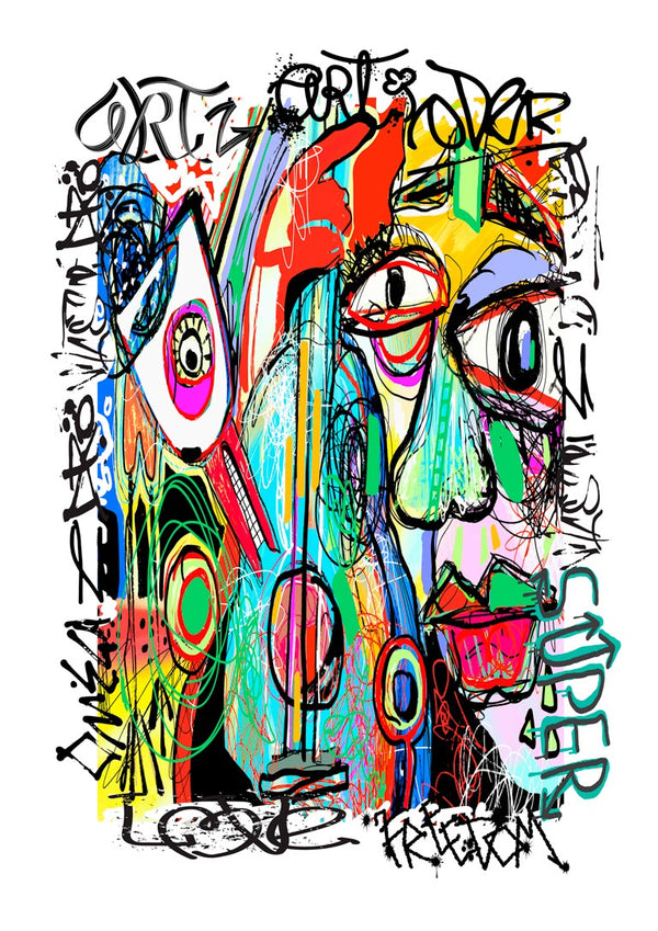 Colorful abstract portrait with bold lines, text "SUPER LOVE" and dynamic graffiti-style elements on white background.