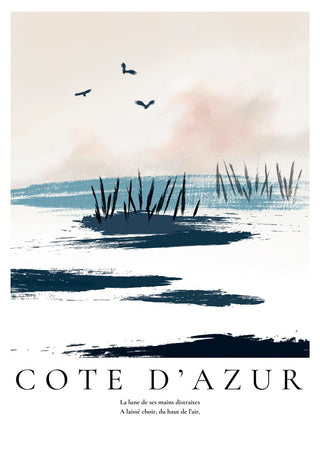 Minimalist illustration of a Cote d'Azur coastal landscape with birds, reeds, and soft blue water.