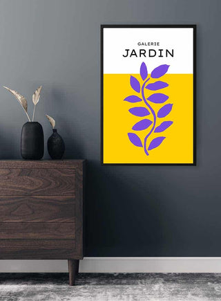 Galerie Jardin Yellow Plakat featuring purple botanical art on a yellow and white background, framed on wall.