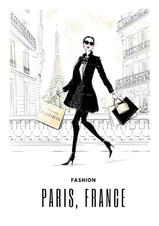 Chic woman with shopping bags and Eiffel Tower in background, promoting Paris fashion poster.