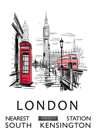 Illustration of London with Big Ben, a red phone booth, double-decker bus, and South Kensington station info.