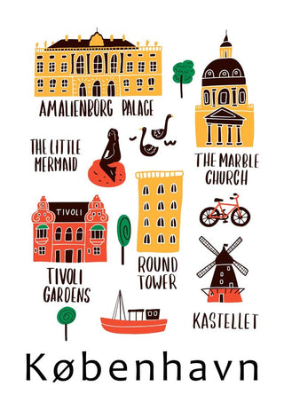 Colorful illustrated landmarks of Copenhagen including Amalienborg Palace, The Little Mermaid, and Tivoli Gardens.