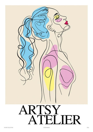 Abstract line art of a woman with blue hair and colorful accents, featured on the Artsy Atelier poster.