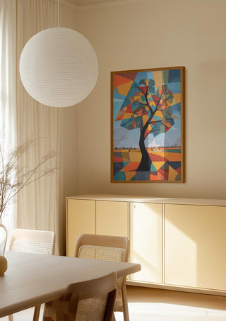 Abstract tree artwork "Under The Tree - Tara Green" hanging in a modern, light-filled dining room.