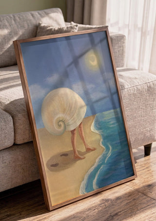 Return to the sea by NeReid in a walnut frame leaning against a grey sofa