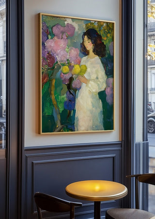 Girl with Yellow Flowers by Elena Avanesova in an oak frame on a panelled café wall