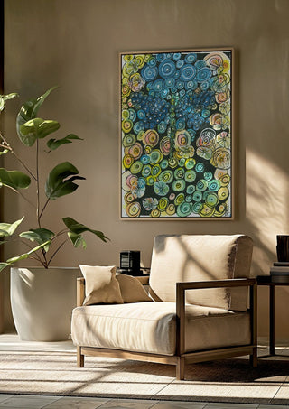 Tree of Circles by JHN.ByHjort framed above a beige armchair beside a potted plant