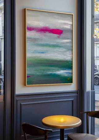Scarlet sunset 2 by Marina Agre in an oak frame on a panelled café wall