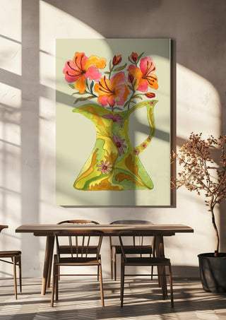 Hibiscus by Marjorie Salvagni hanging above a wooden dining table in warm sunlight