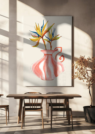 Bird of paradise by Marjorie Salvagni hanging above a wooden dining table in warm sunlight